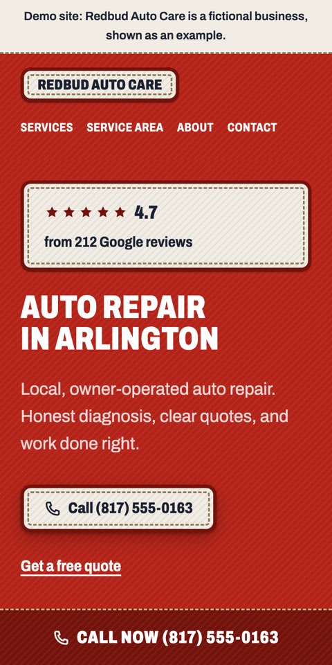 Phone view of the Redbud Auto Care example site