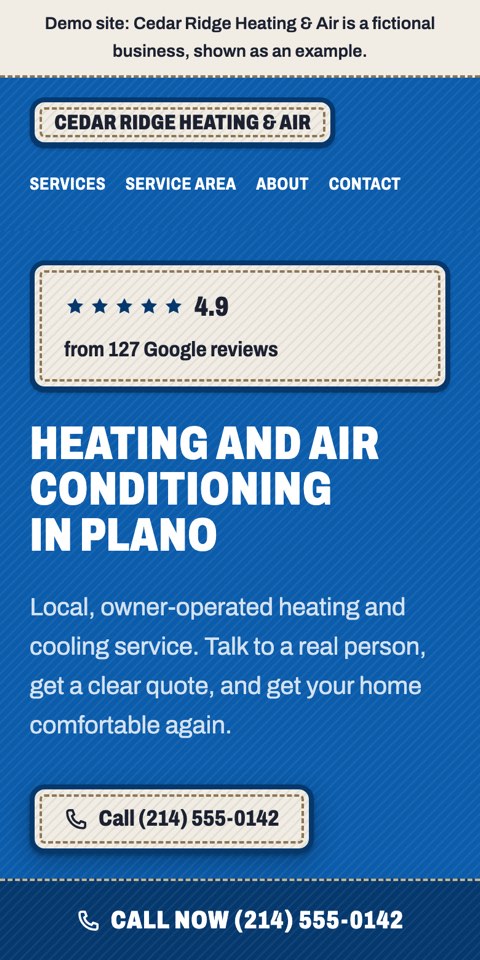 Phone view of the Cedar Ridge Heating & Air example site